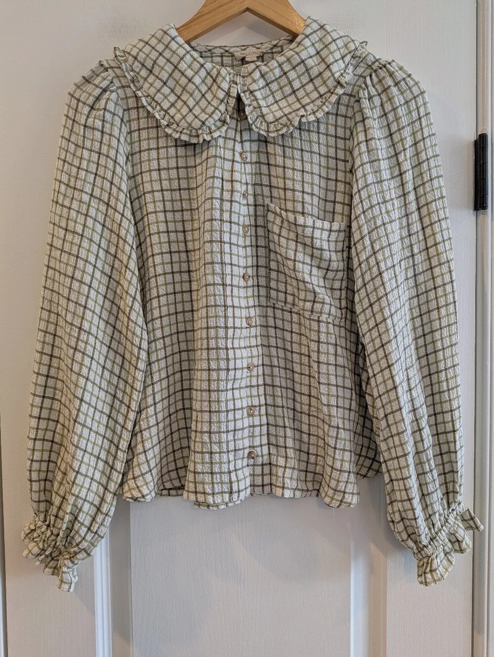 Anthropologie Pilcro Keira Peter Pan Collar Blouse Green Plaid Lone Sleeve Sz S